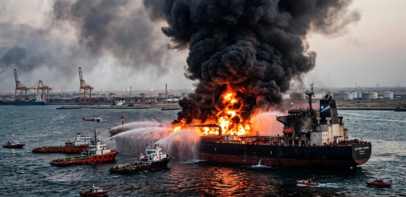 Photographie du pétrolier Safesea Vishnu en feu au large des côtes, dégageant de la fumée noire, avec des navires de secours et une nappe de pétrole dans le Golfe.