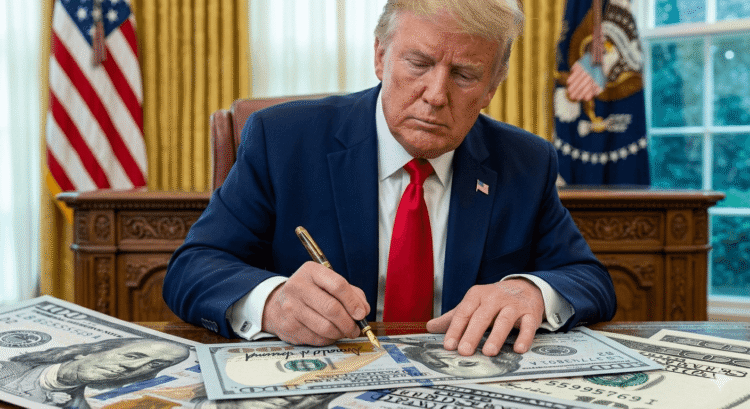 Photographie réaliste de Donald Trump assis au Bureau Ovale, signant avec un stylo plume une série de billets de 100 dollars américains éparpillés sur le bureau.